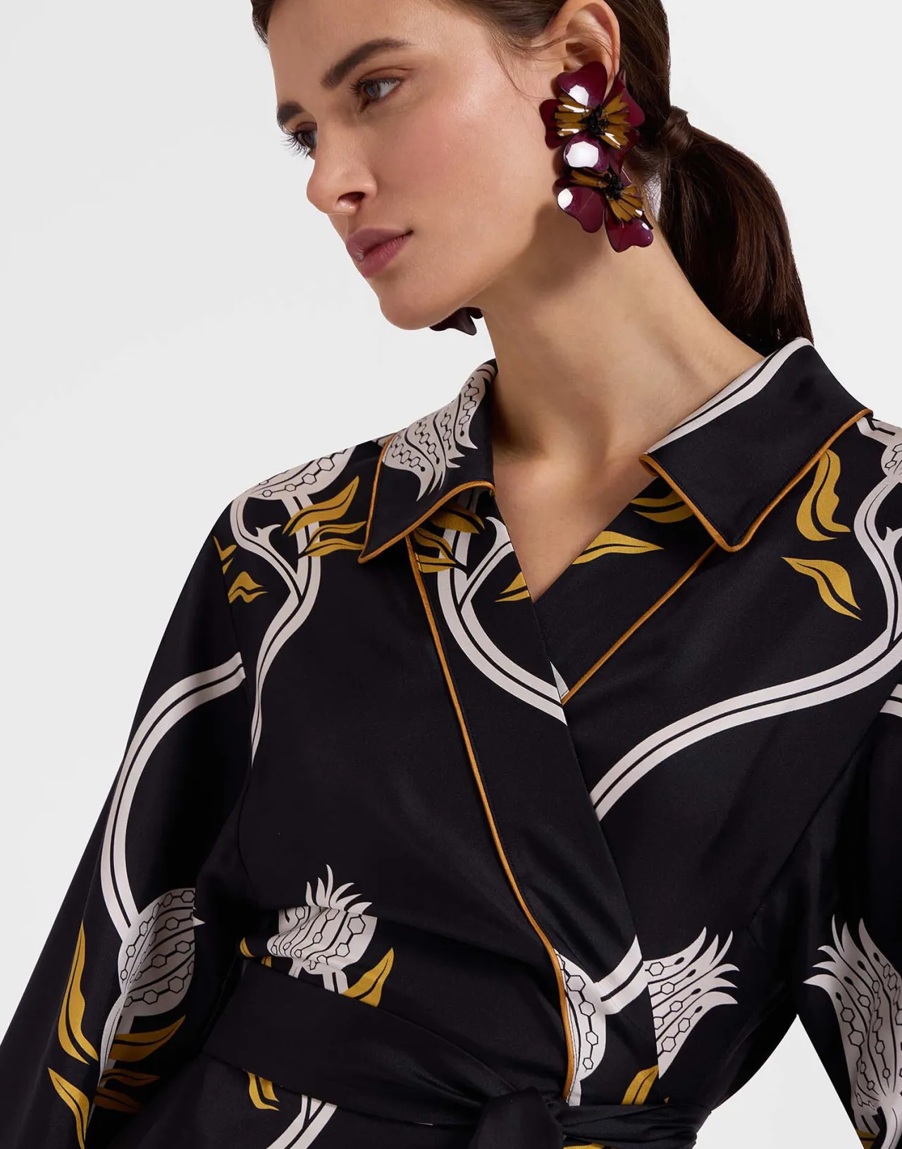 LA DOUBLEJ Abito da Sera Elegante in Seta Twill - Stampa Melograno Bianco e Nero Edizione Limitata