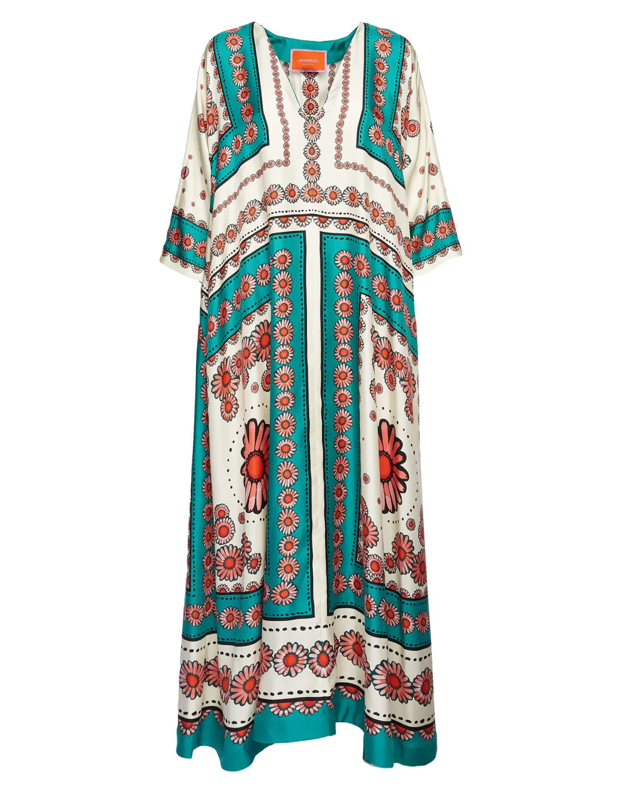 Abito Muumuu La DoubleJ in Seta Twill Turchese con Stampa Daisy - Edizione Speciale Scontata