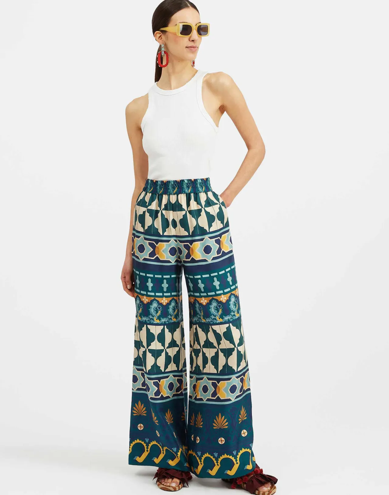 Eleganti Pant Palazzo in Twill di Seta Smeraldo - Collezione Casareale Placé by La DoubleJ | Offerta Imperdibile