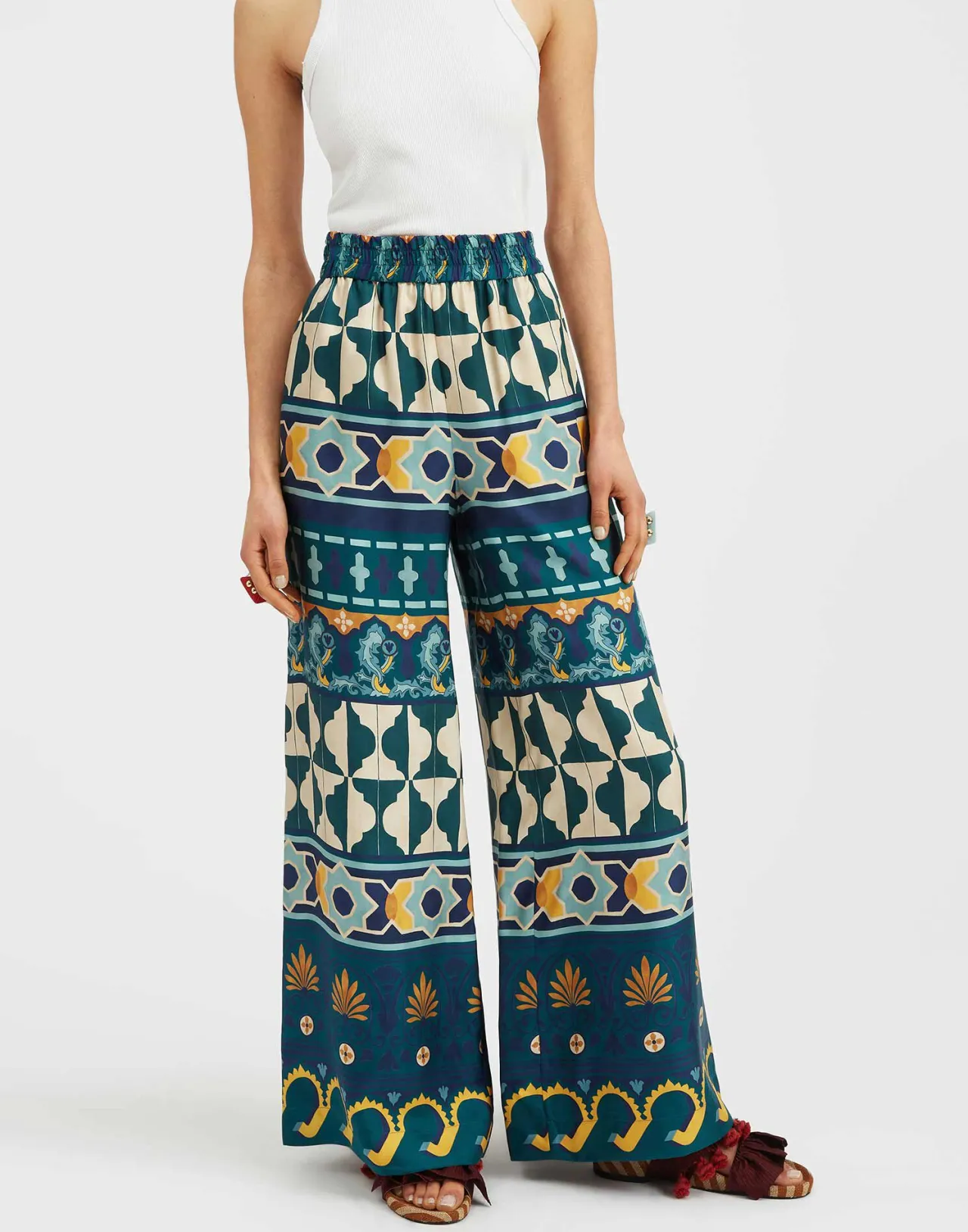 Eleganti Pant Palazzo in Twill di Seta Smeraldo - Collezione Casareale Placé by La DoubleJ | Offerta Imperdibile