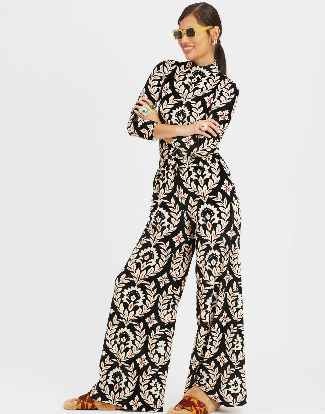 Pantaloni Palazzo Eleganti La DoubleJ - Nero Ghirlanda in Velluto Elasticizzato Confortevoli