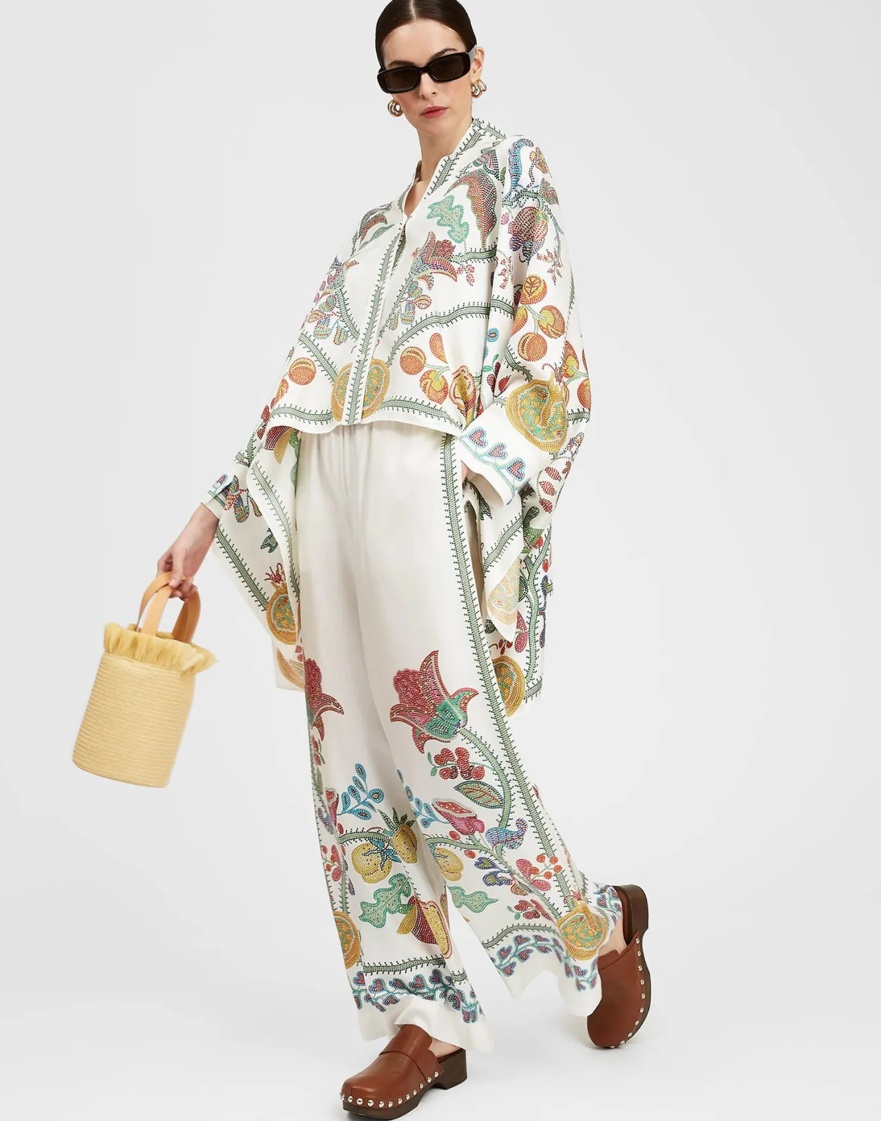 Eleganti Pantaloni Palazzo La DoubleJ in Seta Twis - Bianco Avorio con Motivo Grenadilla Placé