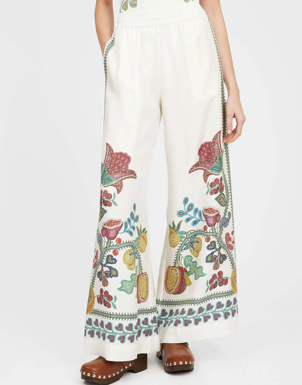 Eleganti Pantaloni Palazzo La DoubleJ in Seta Twis - Bianco Avorio con Motivo Grenadilla Placé