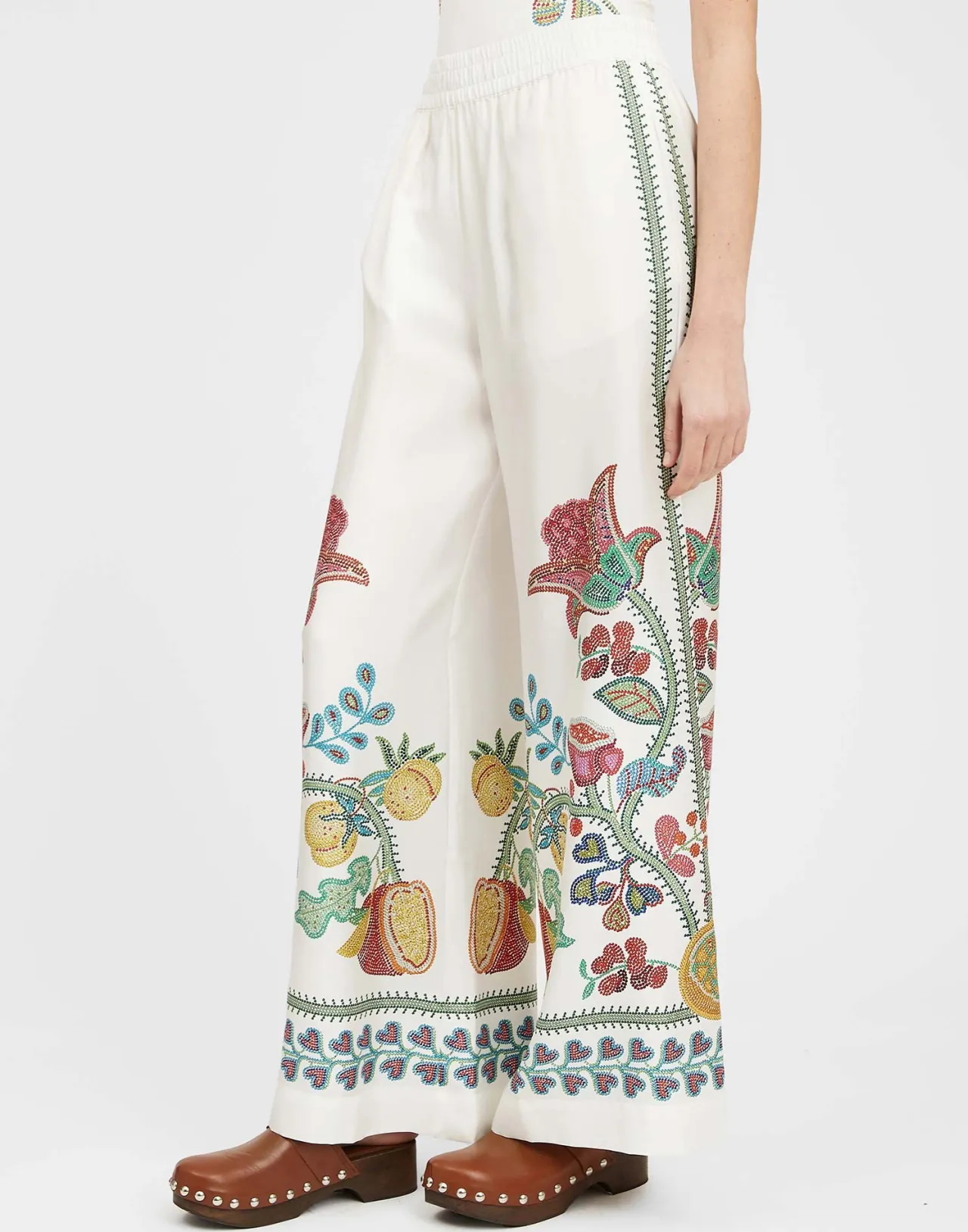Eleganti Pantaloni Palazzo La DoubleJ in Seta Twis - Bianco Avorio con Motivo Grenadilla Placé