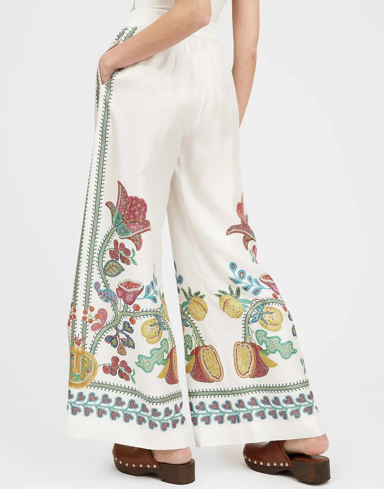 Eleganti Pantaloni Palazzo La DoubleJ in Seta Twis - Bianco Avorio con Motivo Grenadilla Placé