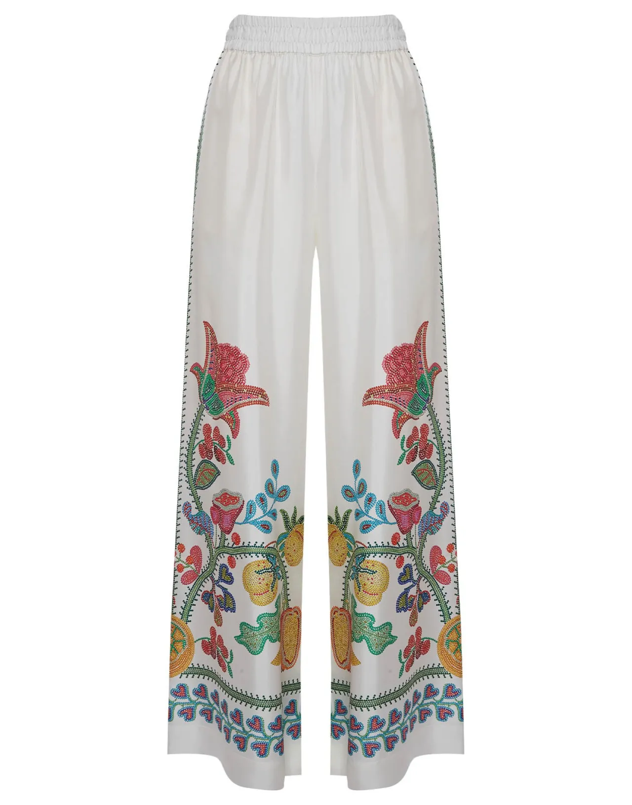 Eleganti Pantaloni Palazzo La DoubleJ in Seta Twis - Bianco Avorio con Motivo Grenadilla Placé