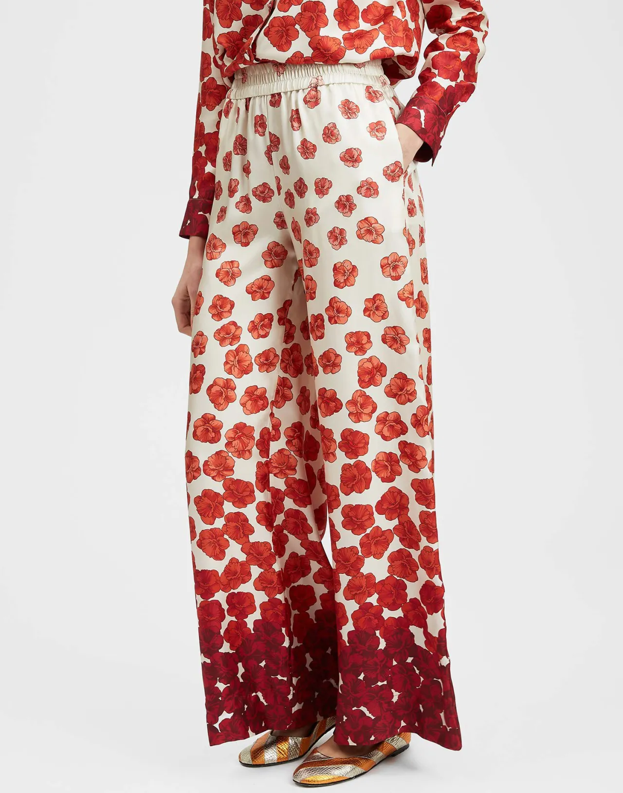 Pantalone Palazzo La DoubleJ in Seta Twill - Rosso Borgogna Edizione Limitata con Stampa Haze Placé