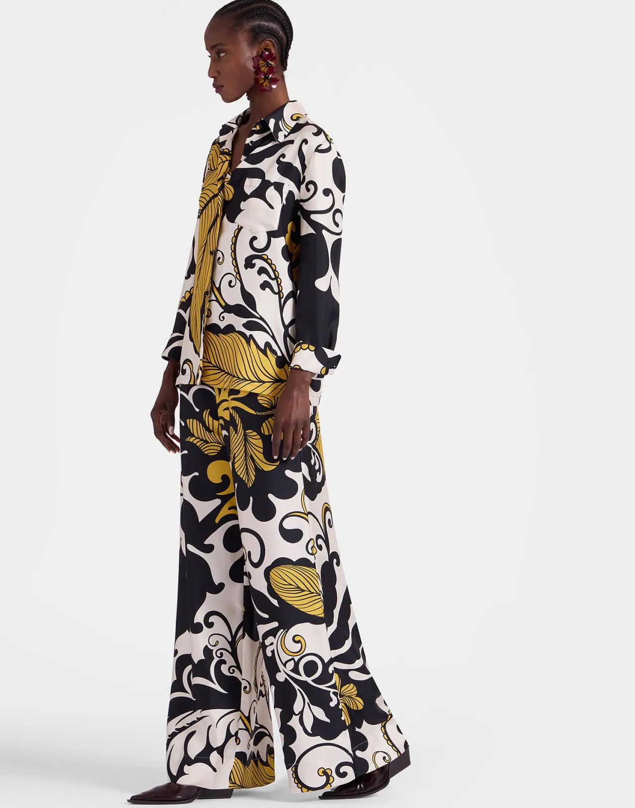 Pantalone Palazzo La DoubleJ in Twill Seta - Bianco e Nero Marea, Stilizzati con Rifiniture Artigianali