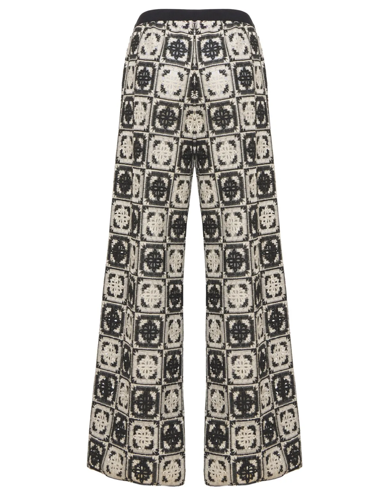 Pantalone Palazzo Elegante Mini Tiles - Nero Intenso con Dettaglio Macramé | Collezione Esclusiva di La DoubleJ

：

Palazzo Pant in Tessuto Leggero Stile Boho-Chic - Motivo Mini Tiles su Sfondo Nero | Edizione Limitata DoubleJ con Ricami Macramé