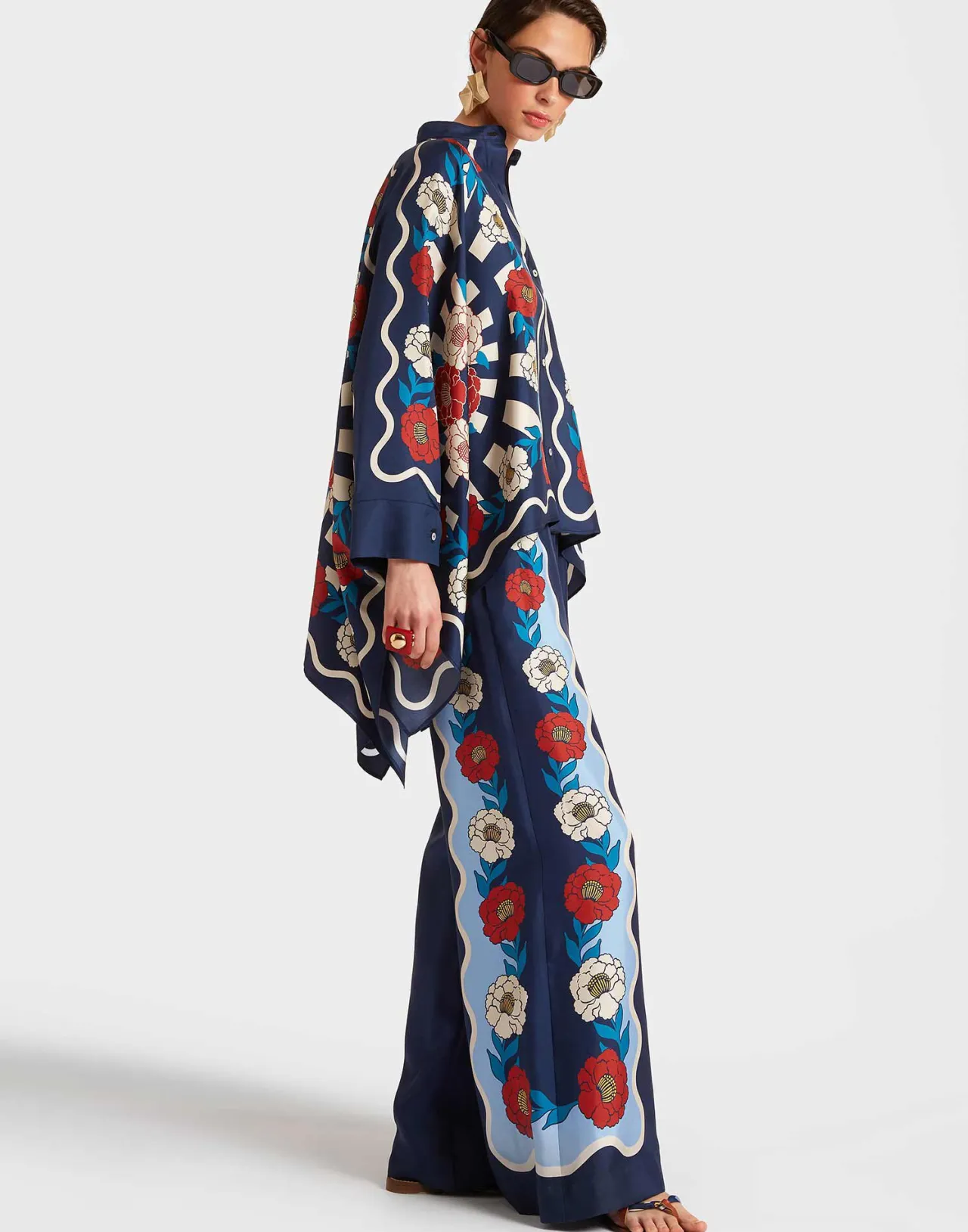 Pantaloni Ampi Stilosi La DoubleJ in Twill di Seta - Blu Placé Whitsun con Finiture Preziose