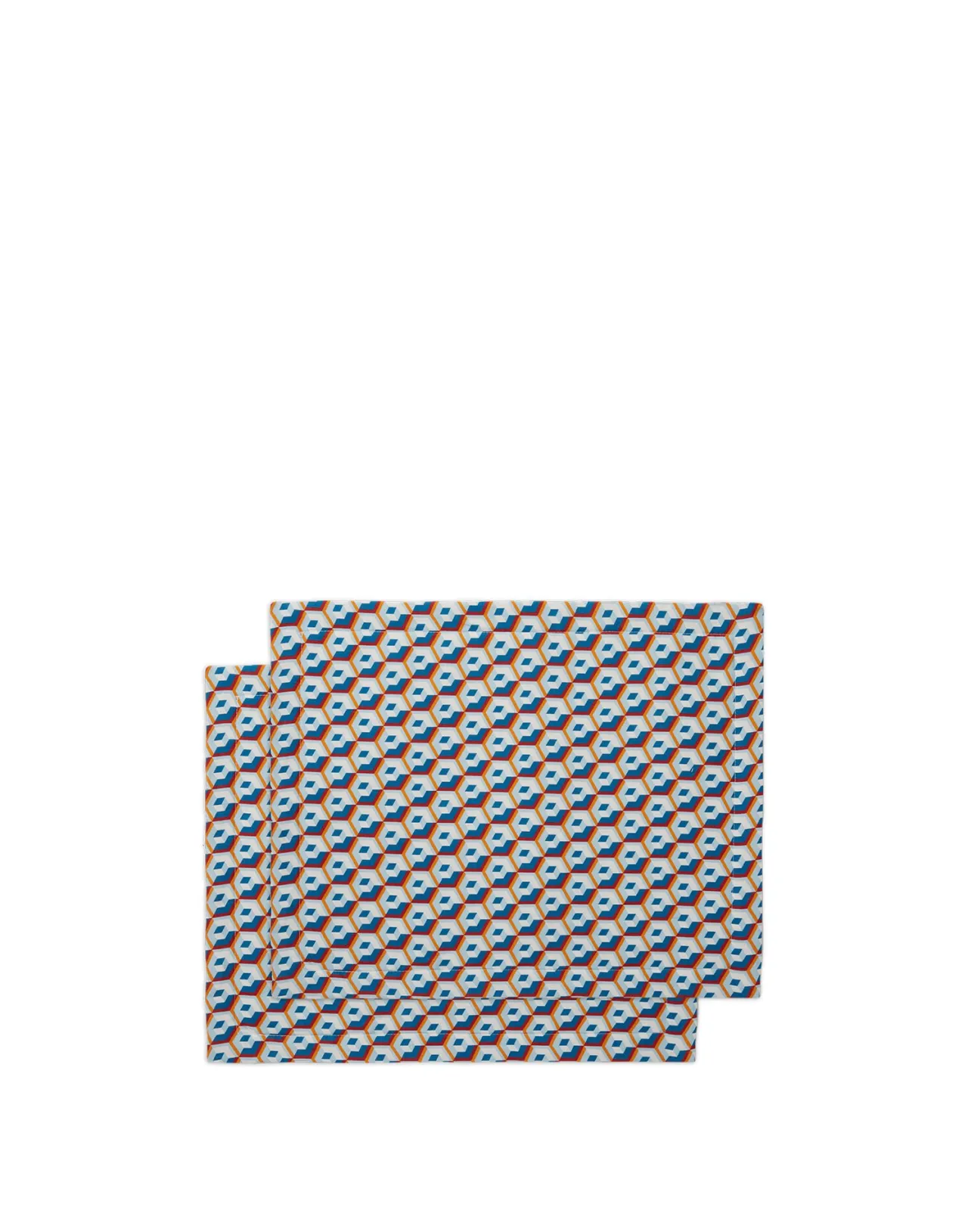 Coppia Tovagliette La DoubleJ in Puro Lino - Stampa Cubi Geometrici Blu per Tavola Moderna