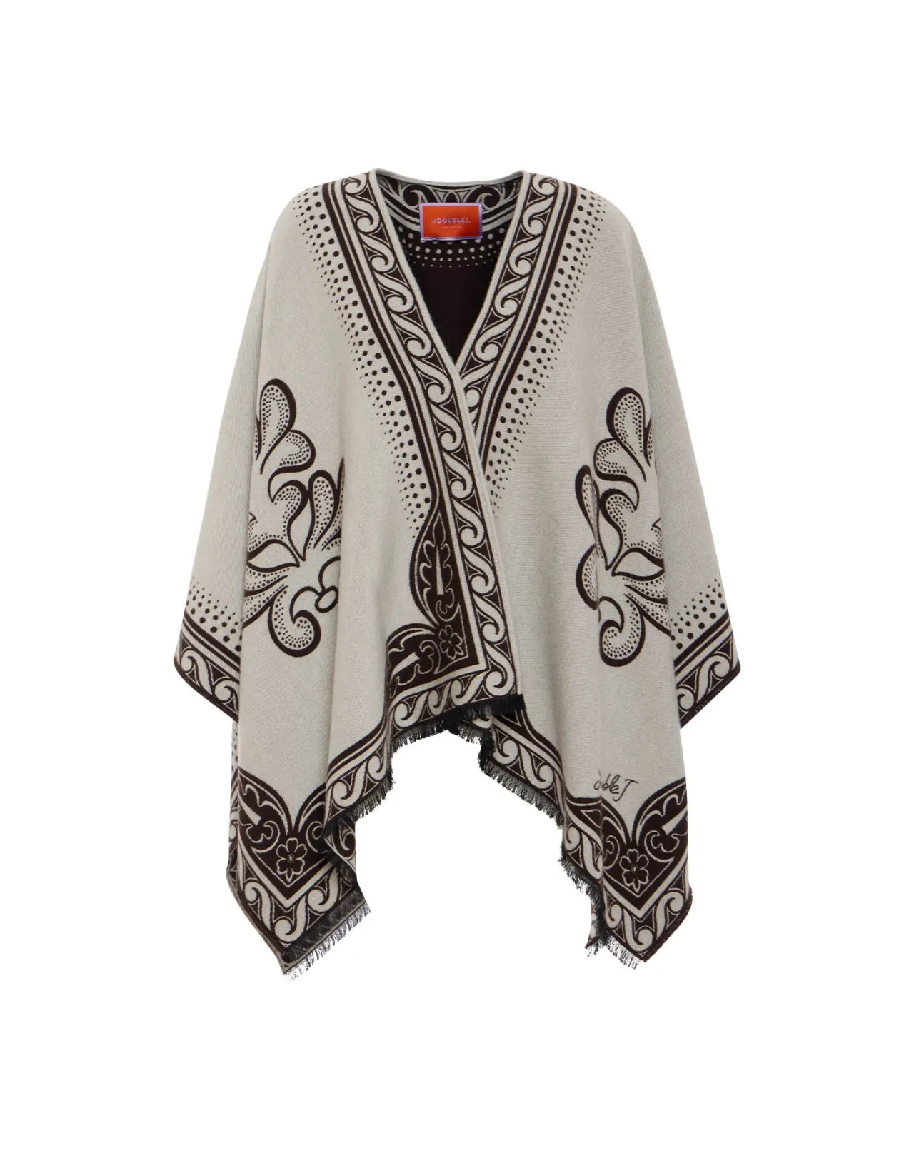 Sciarpa Poncho La DoubleJ in Tela Jacquard - Stampa Chiné con Motivi Herald, Crema