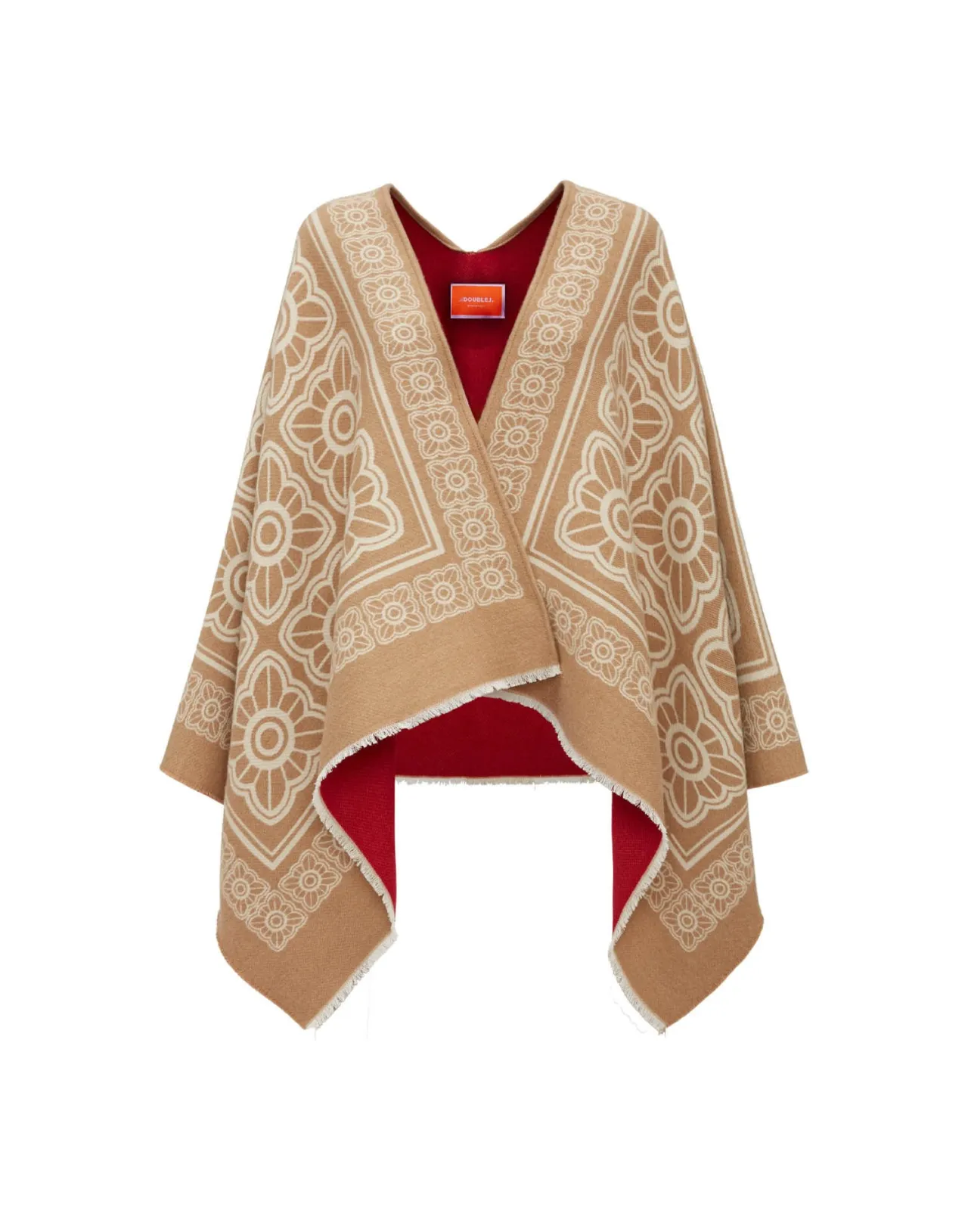 Saldi - Poncho in Lana Cammello con Disegno Misto di Tessere | La DoubleJ Collection