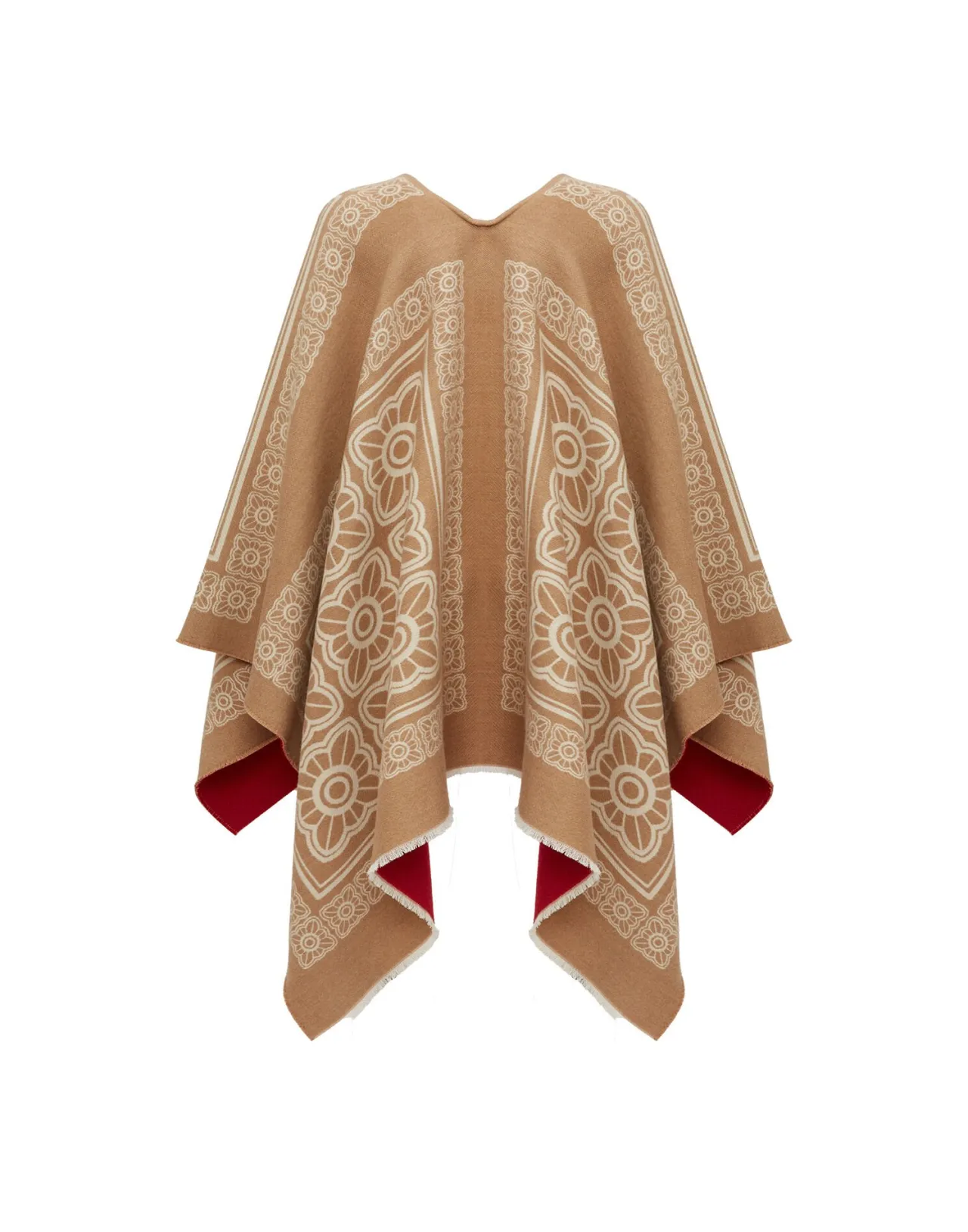 Saldi - Poncho in Lana Cammello con Disegno Misto di Tessere | La DoubleJ Collection