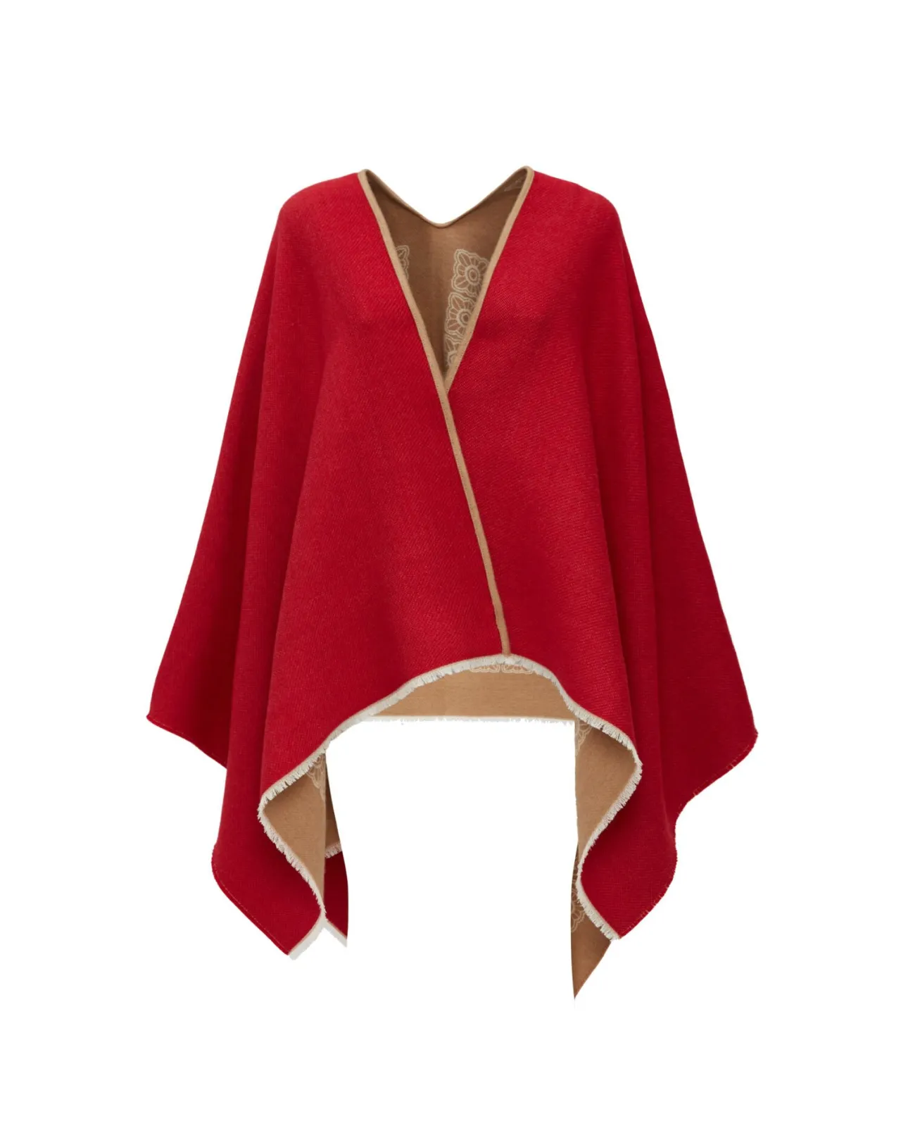 Saldi - Poncho in Lana Cammello con Disegno Misto di Tessere | La DoubleJ Collection