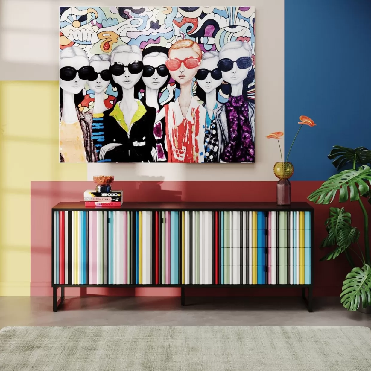 Credenza Concertina Moderna KARE Design · Mobile soggiorno colorato con struttura in legno (186x74 cm) · Soluzioni di arredamento funzionale per spazi vivaci