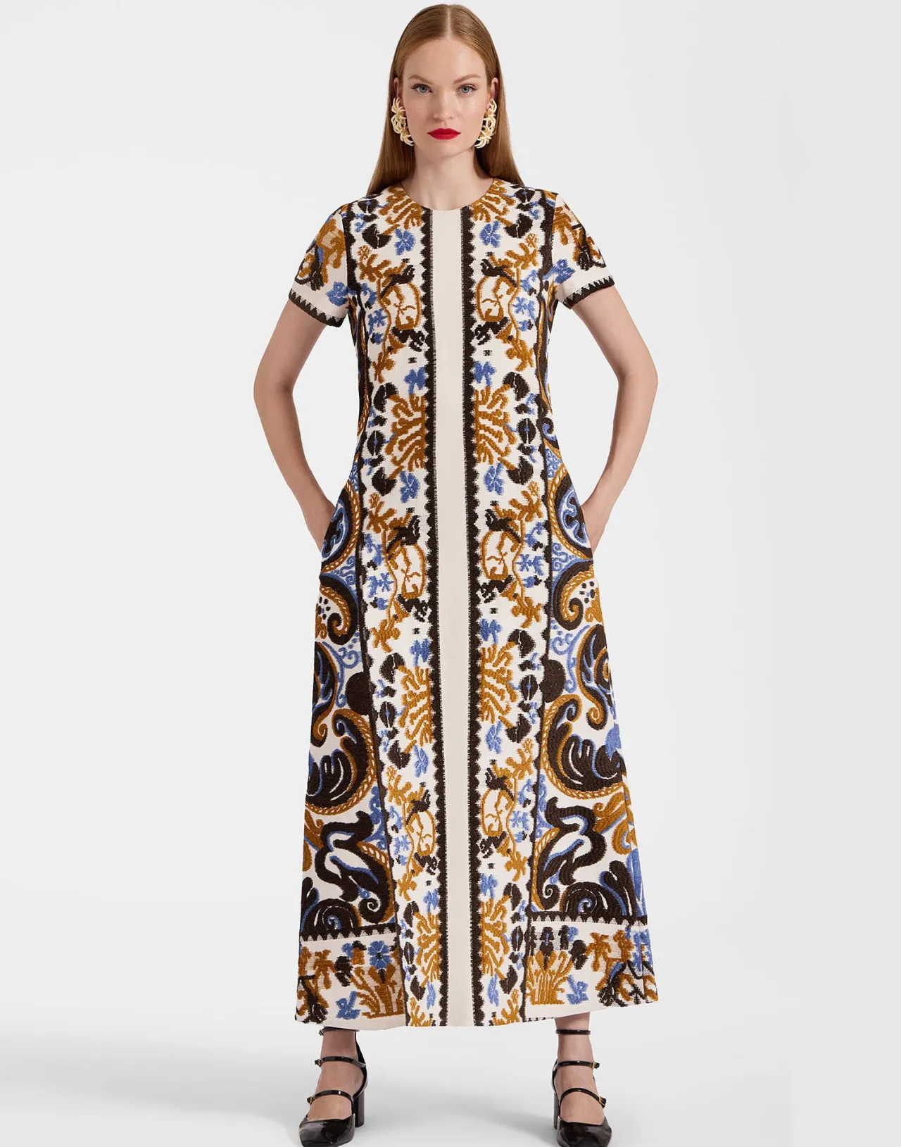Vestito A Linea La DoubleJ in Jacquard Crema Chiaro - Stile Elegante con Motivi Geometrici e Fodera Morbida