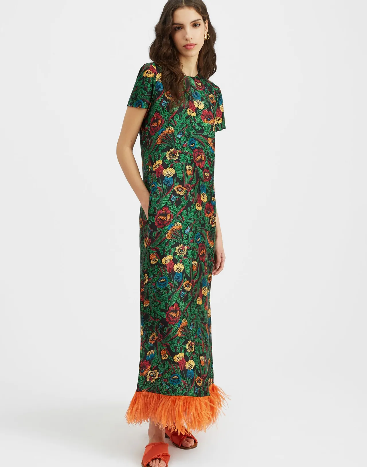 Vestito Swing La DoubleJ con Decorazioni Piumate - Fantasia Notturna in Twill di Seta Esclusivo