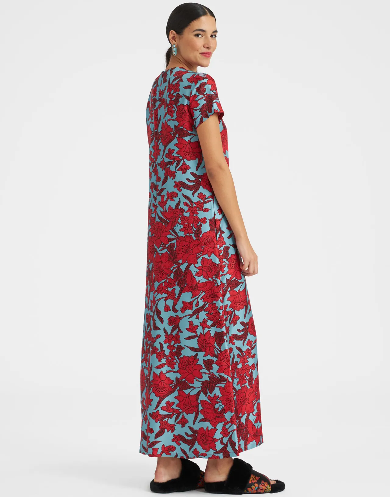 Abito A Linea La DoubleJ in Twill Seta - Motivo Lilla Turchese, Confezione Raffinata per un Look da Sogno