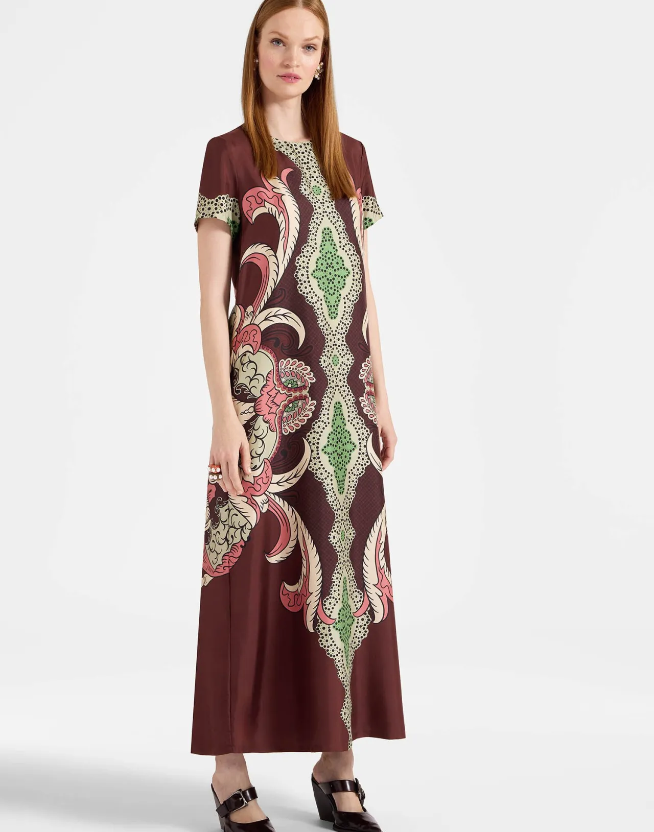 Abito Elegante La DoubleJ in Tonalità Cacao - Vestito Swing in Twill di Seta per Autunno/Inverno con Finiture Preziose