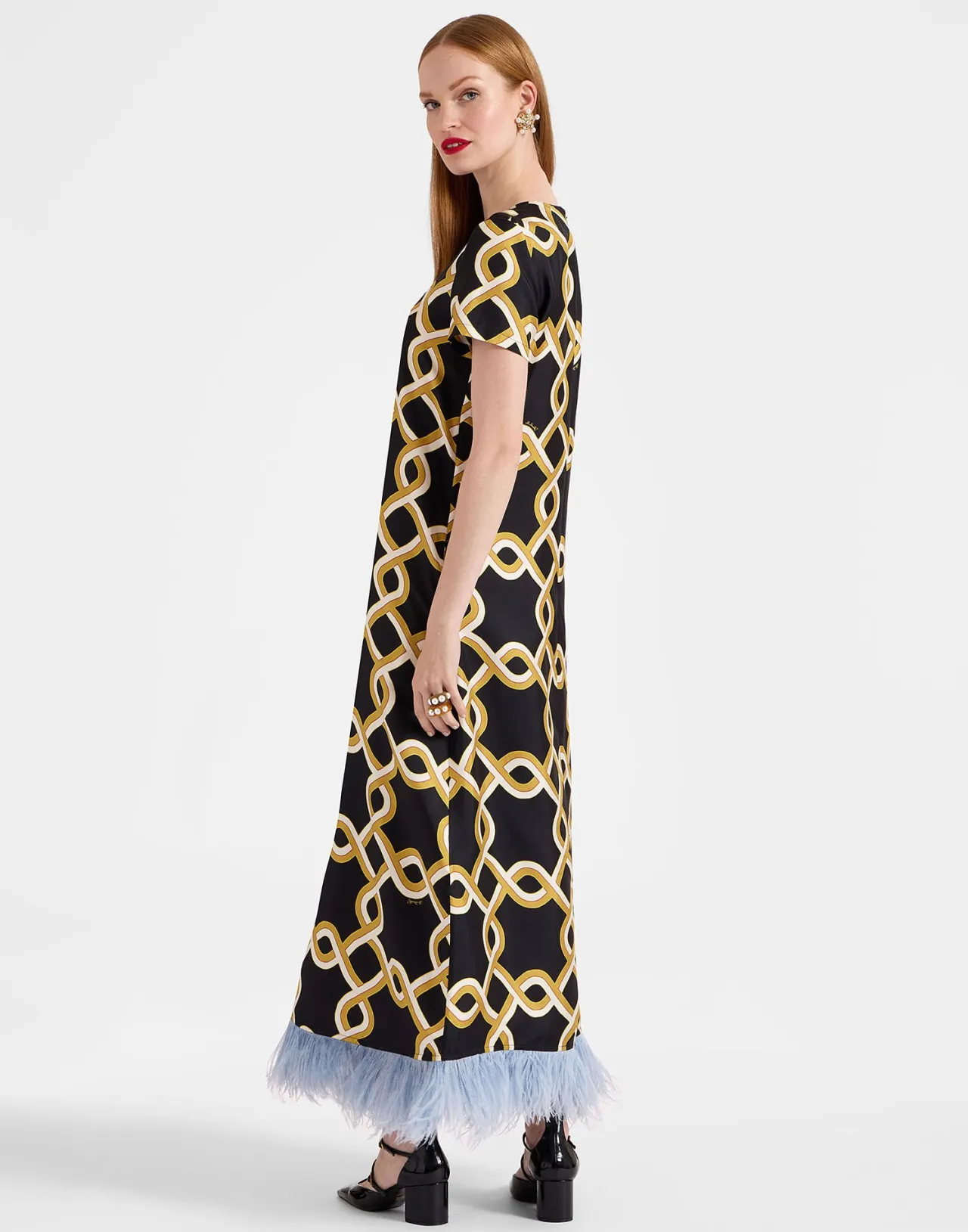 La DoubleJ - Vestito A Campana Nero Intenso in Seta Jacquard con Piume Decorazioni - Confezione Elegante