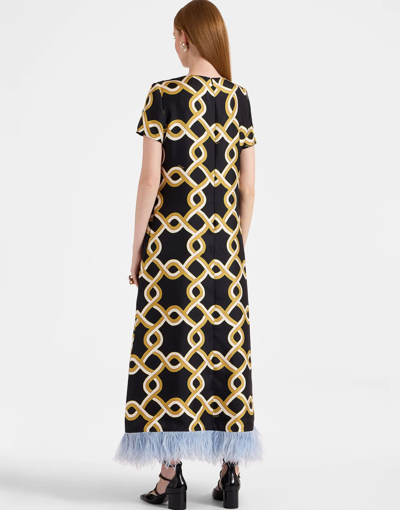 La DoubleJ - Vestito A Campana Nero Intenso in Seta Jacquard con Piume Decorazioni - Confezione Elegante