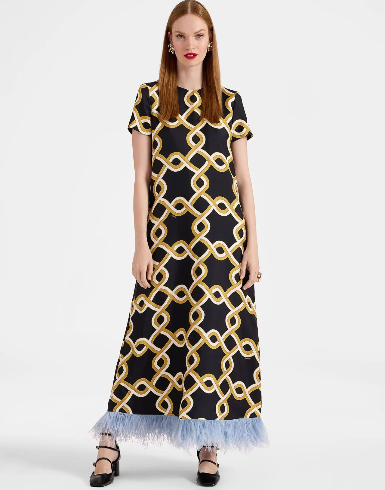 La DoubleJ - Vestito A Campana Nero Intenso in Seta Jacquard con Piume Decorazioni - Confezione Elegante