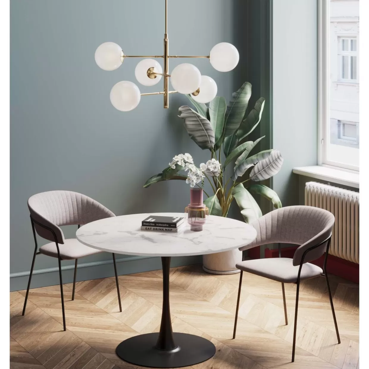 Tavolo design Schickeria in marmo bianco e nero - Diametro 110 cm KARE Collection con base ricercata