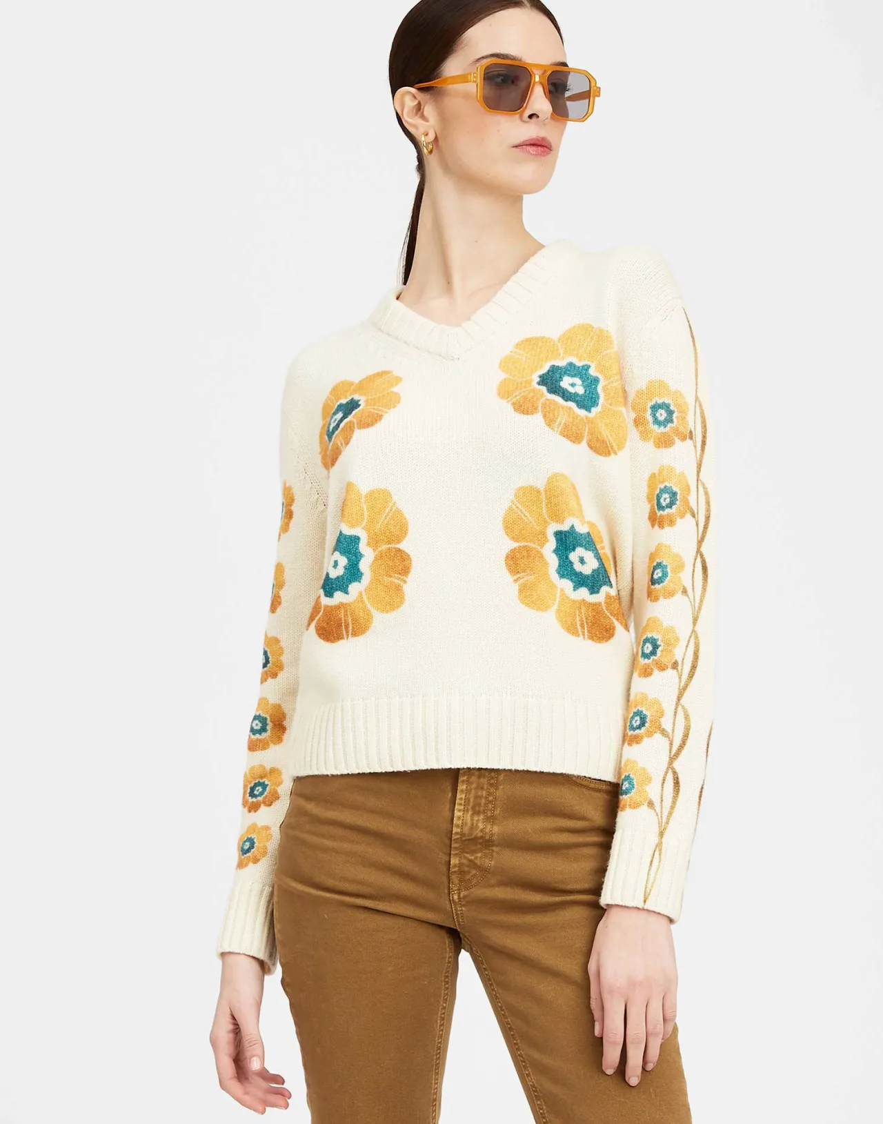 La DoubleJ - Maglione Uomo con Scollo a V Fantasia Margherite in Lana e Cashmere - Bianco Panna - Offerta Imperdibile!