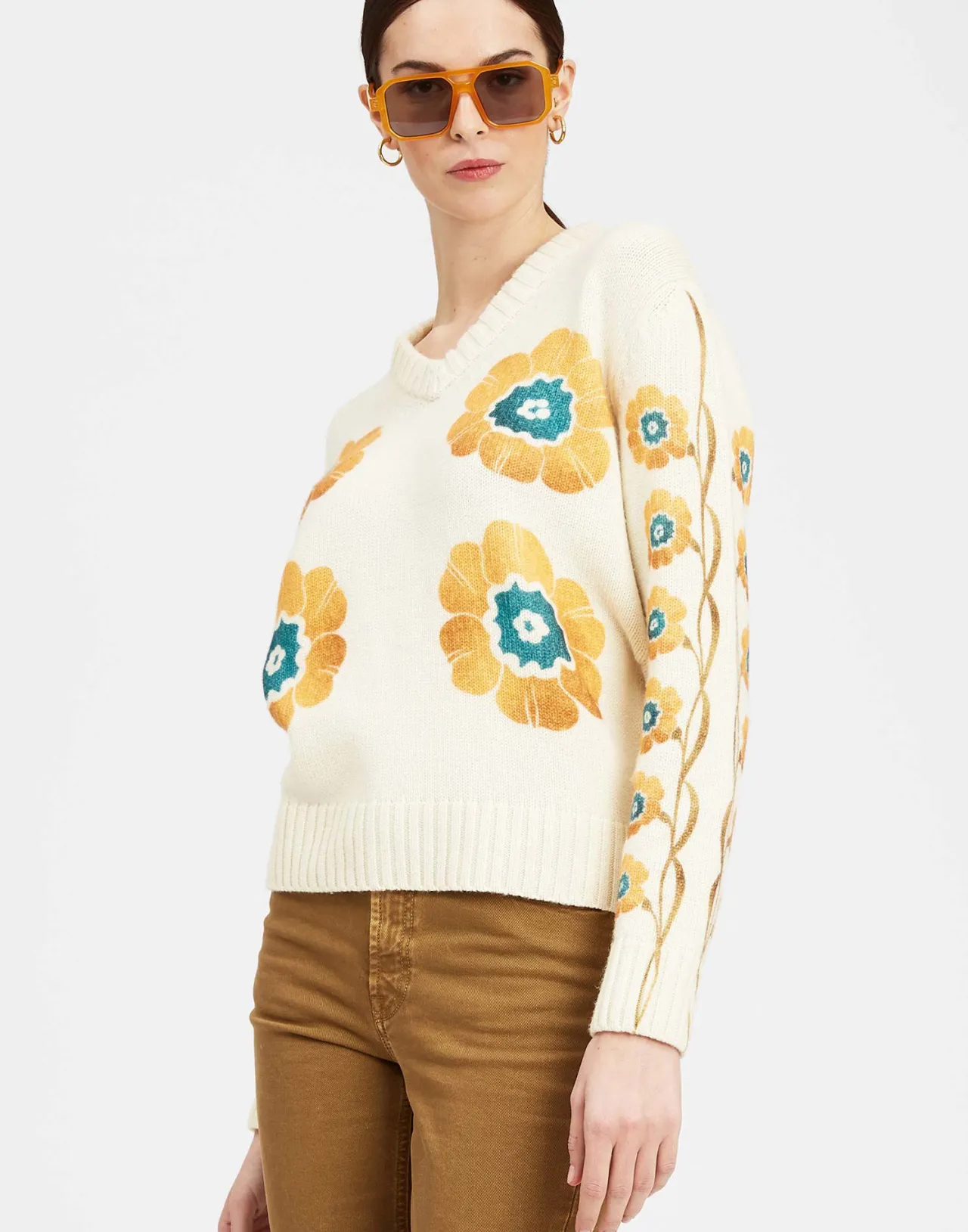 La DoubleJ - Maglione Uomo con Scollo a V Fantasia Margherite in Lana e Cashmere - Bianco Panna - Offerta Imperdibile!