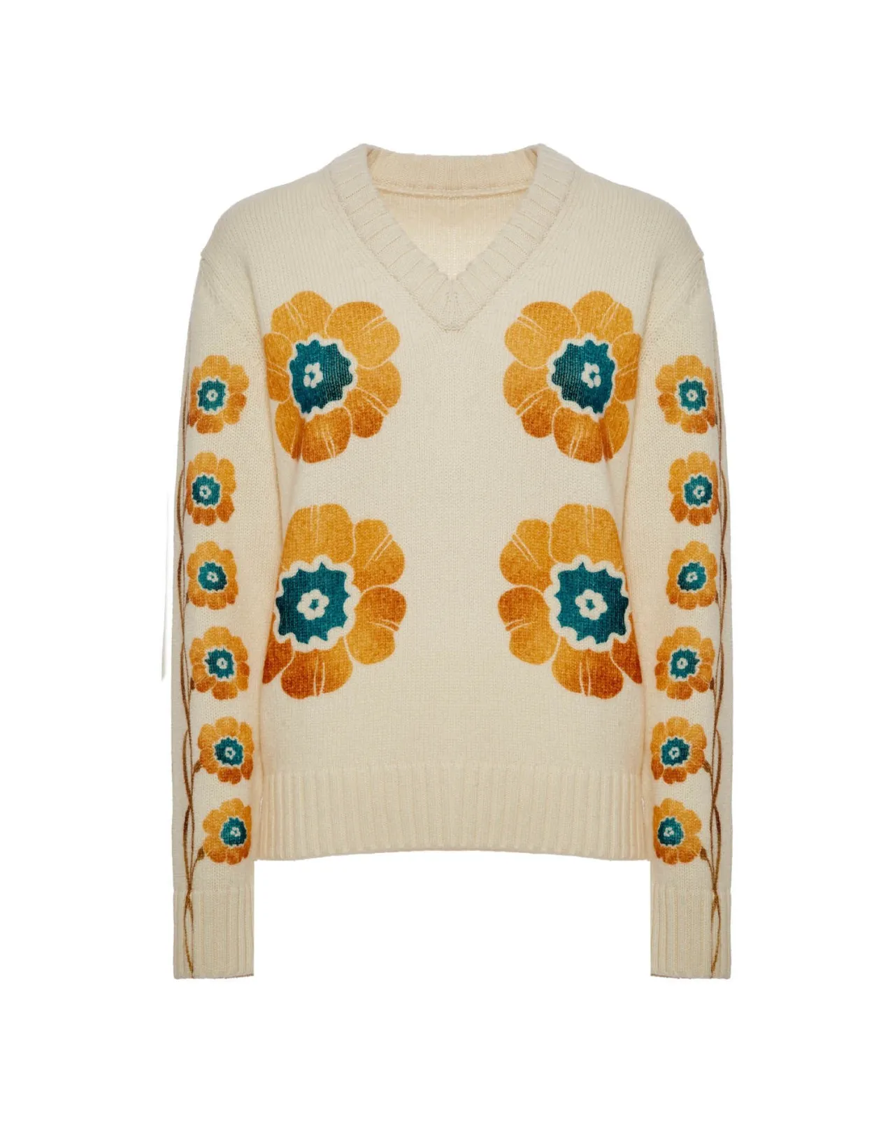 La DoubleJ - Maglione Uomo con Scollo a V Fantasia Margherite in Lana e Cashmere - Bianco Panna - Offerta Imperdibile!