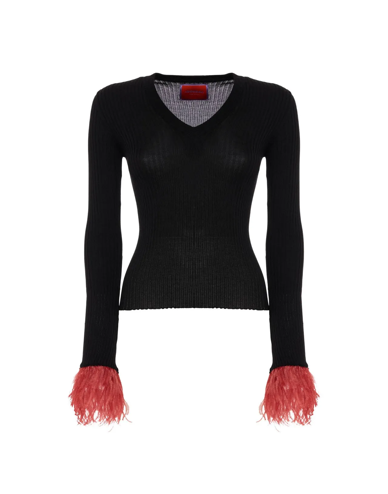 Maglia V-Scapolo La DoubleJ in Seta e Cashmere Rigato - Nero Opaco con Inserti Piumati e Taglio Adrenalinico 

（：，：1. 