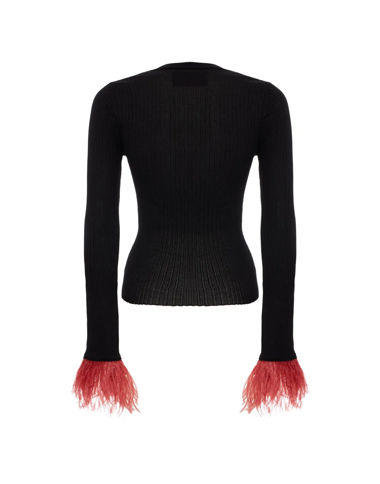 Maglia V-Scapolo La DoubleJ in Seta e Cashmere Rigato - Nero Opaco con Inserti Piumati e Taglio Adrenalinico 

（：，：1. 