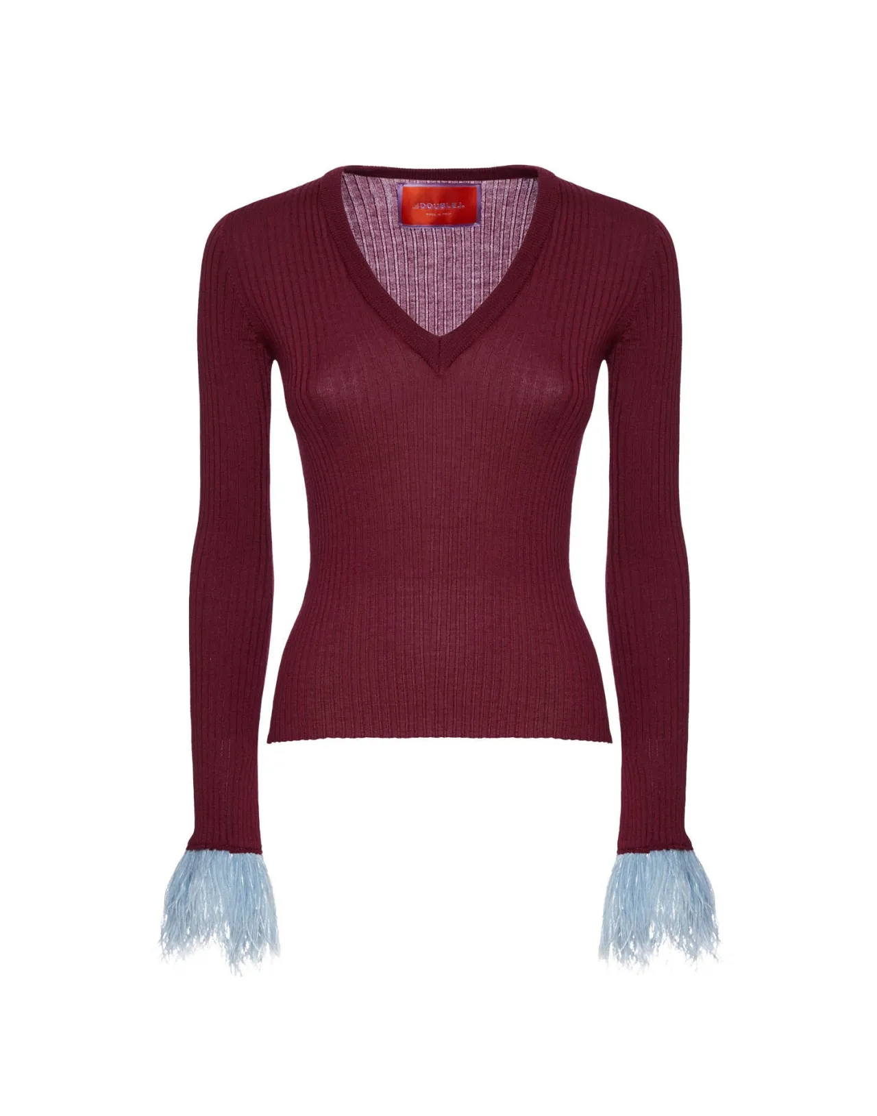 Maglia scollo a V in seta e cashmere lavorata a coste - Borgogna elegante con dettagli piumati - La DoubleJ Collezione Esclusiva