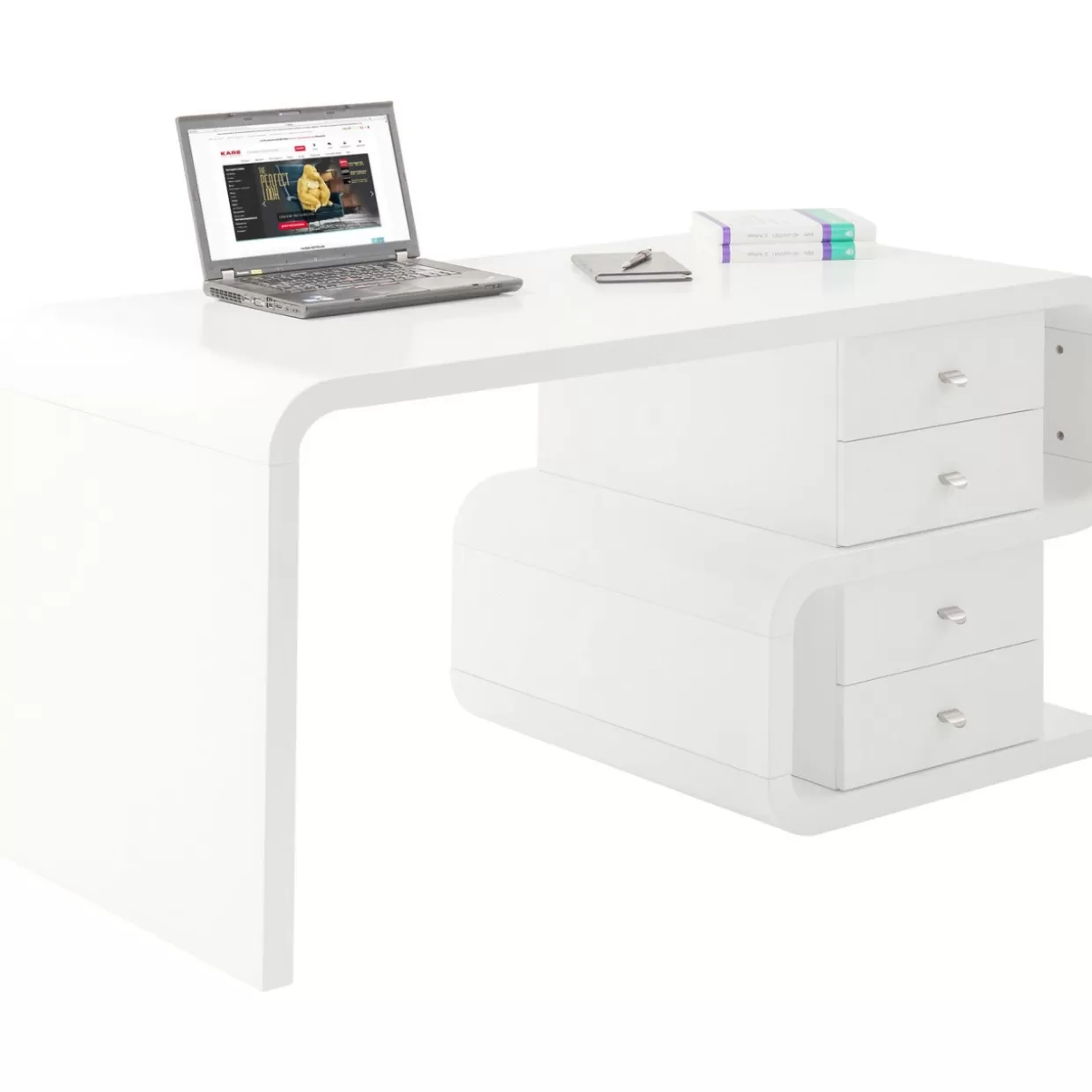 Scrivania Moderna Snake Design Esclusivo KARE - Piano Lavoro 150x70 cm in Bianco Effetto Lucido, Linee Eleganti per Ufficio Stile Club Contemporaneo